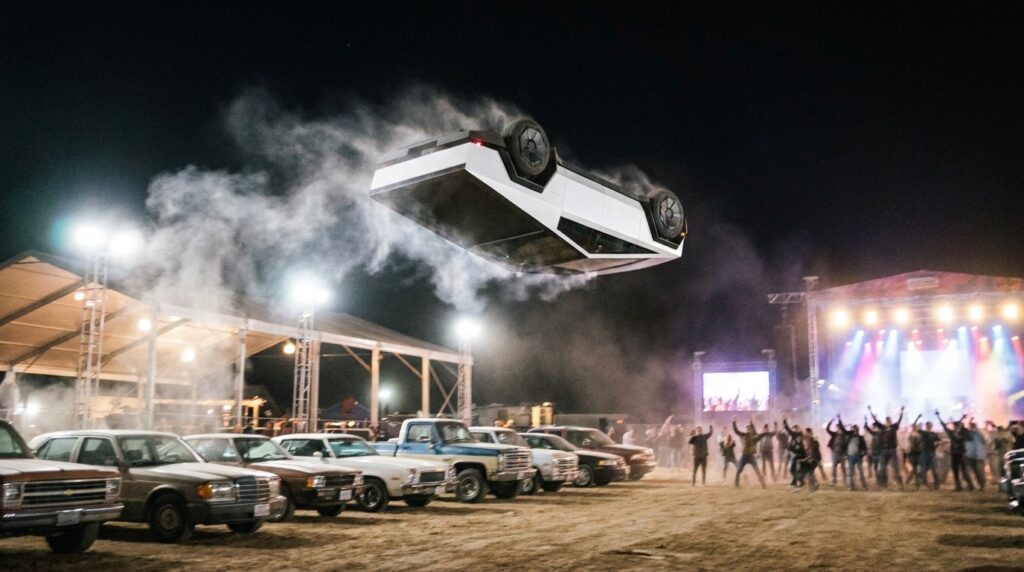 Carro branco angular dando cambalhota no ar sobre uma fileira de veículos, em um evento noturno no Texas (ilustração criada com IA)