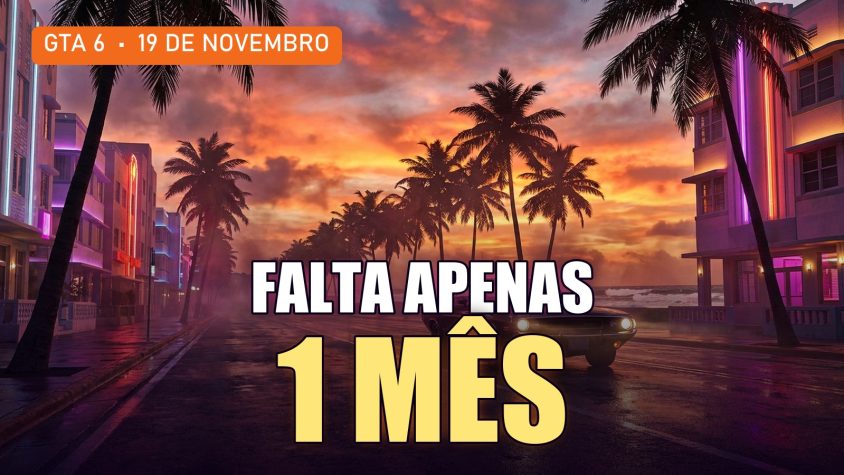 Rua à beira-mar com palmeiras e neon ao pôr do sol, com o texto Falta apenas 1 mês para GTA 6
